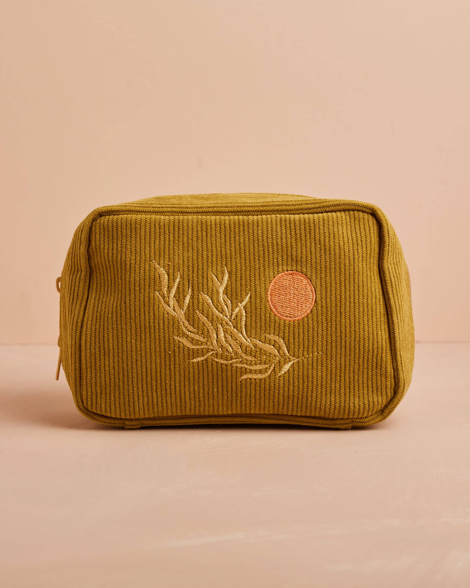 Sun & Leaf Embroidered Corduroy Makeup Bag in Olive