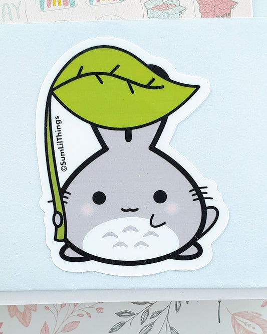 Totoro Kawaii Grey & White Bunny & Leaf Vinyl Sticker - 3"