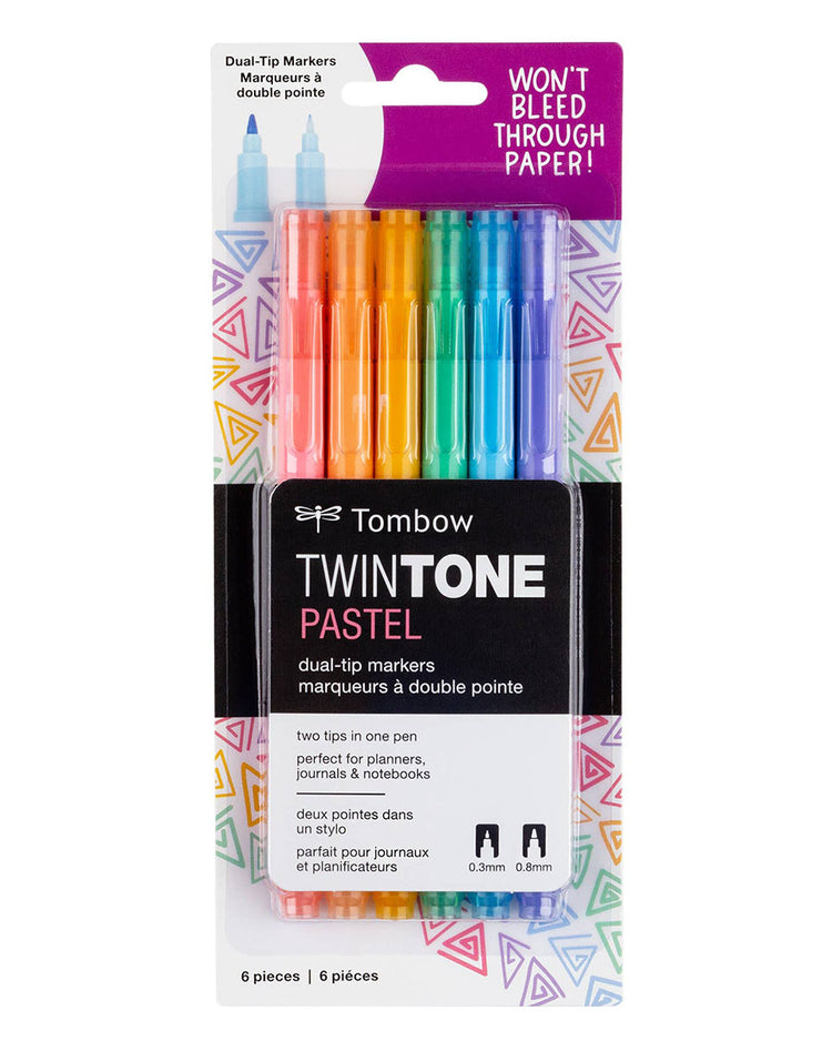 pink, orange, yellow, green, blue, and purple pastel twintone dual-tip markers in packaging.  The packaging reads "Won't bleed through paper" 0.3mm 0.8mm two tips in one pen. 6 pieces.  