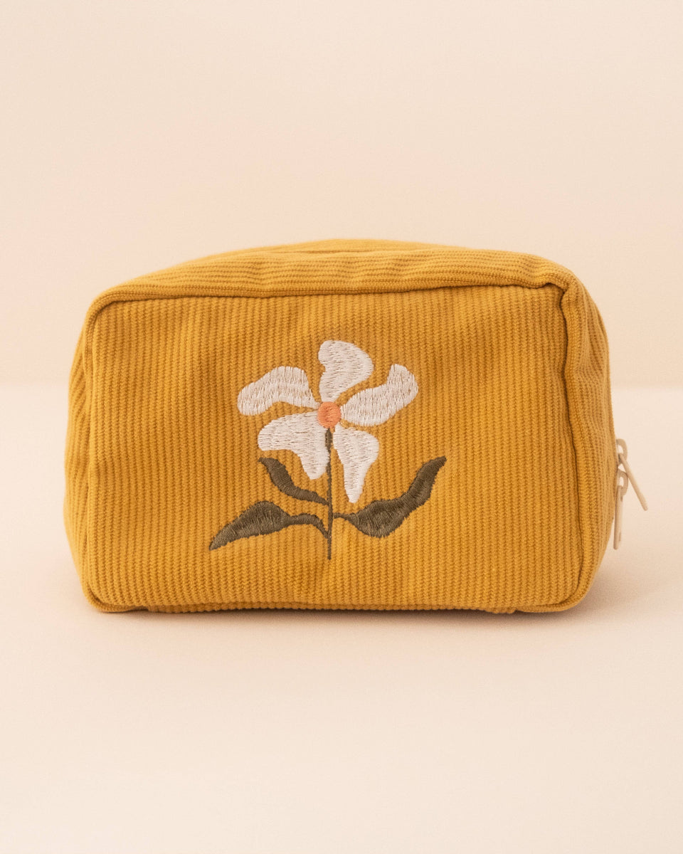 Yellow and White Floral Embroidered Corduroy Makeup Bag in Marigold