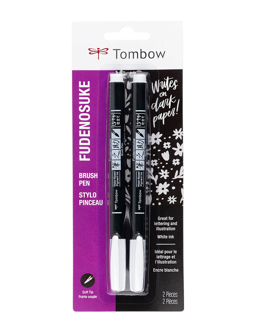 A set of two fudenosuke white ink brush pens by tombow with soft tips in its packaging.