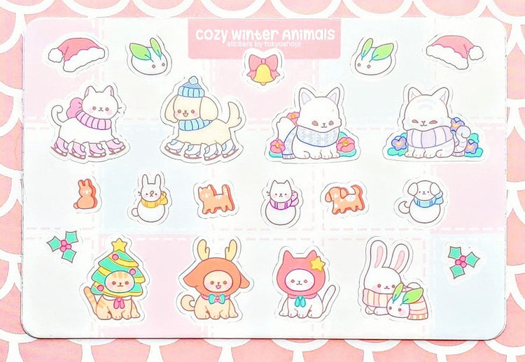 Cozy Winter Kawaii Animals Vinyl Sticker Sheet