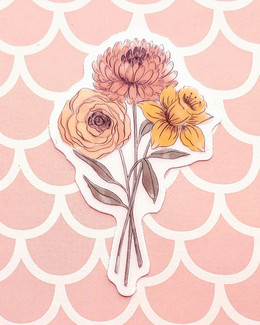 Daffodil & Chrysanthemum Floral Vinyl Sticker - Clear