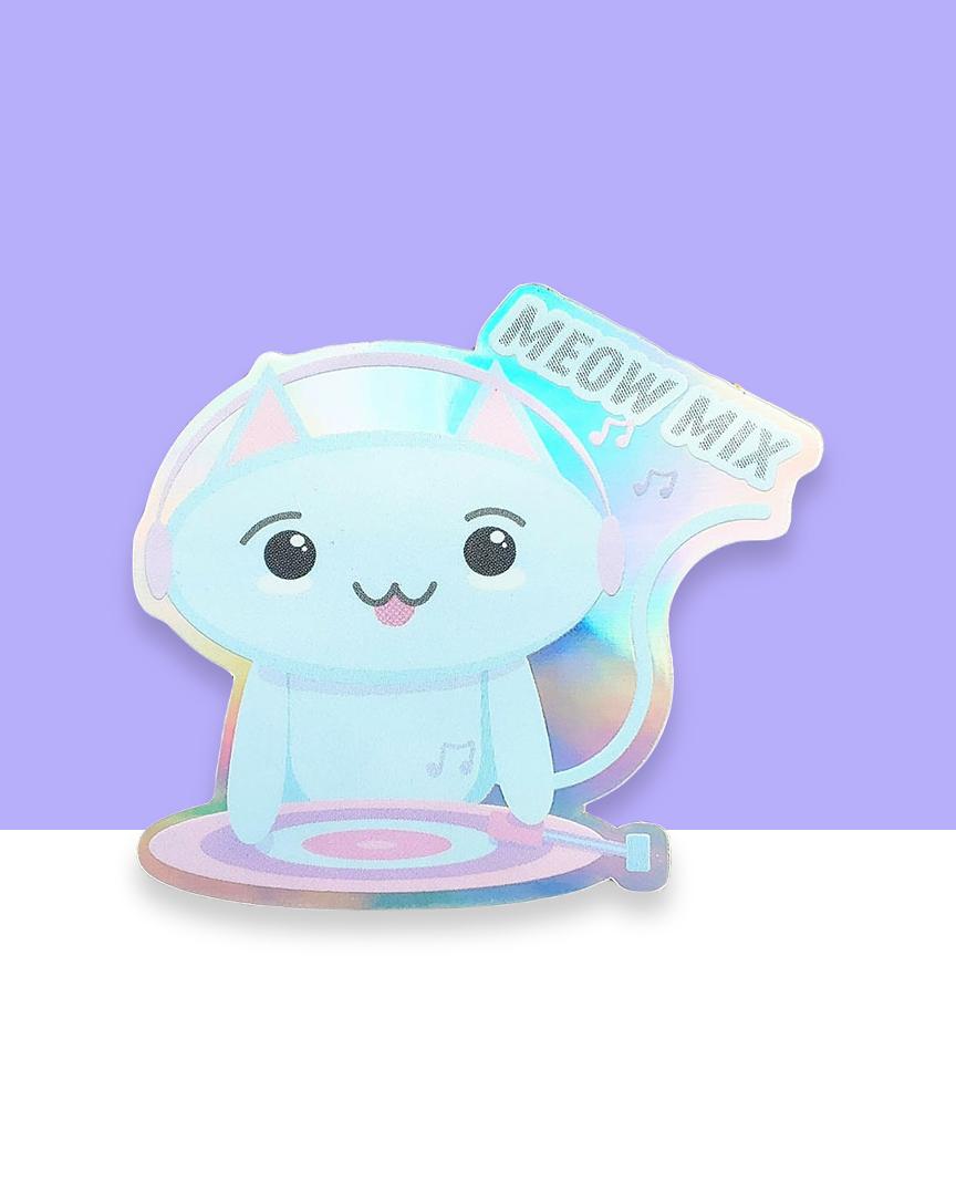 DJ Kitty Kawaii holografischer Vinyl-Aufkleber "Meow Mix"