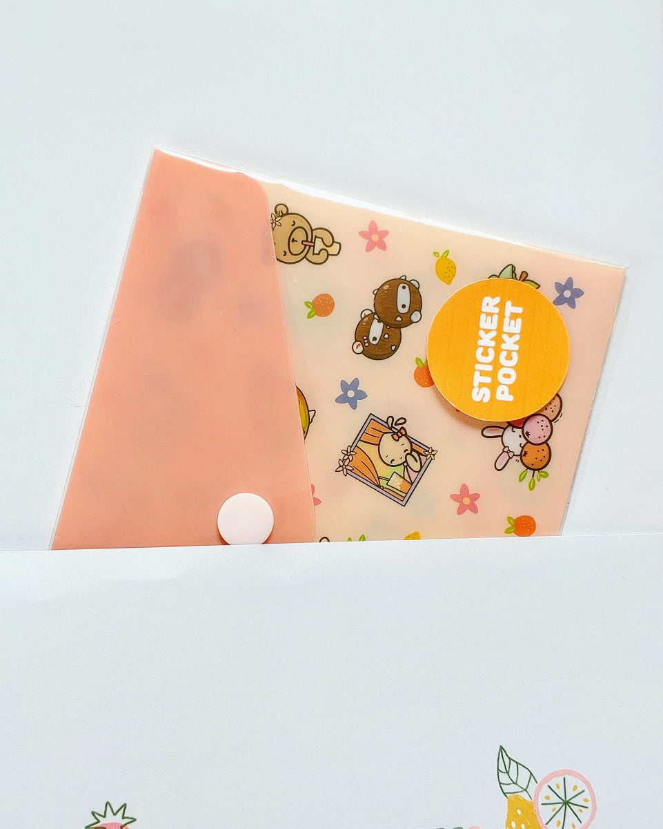 Coral and Peach Splash of Fruits Kawaii Sticker Storage Pocket w/Button Closure - 4.25" x 5.83"