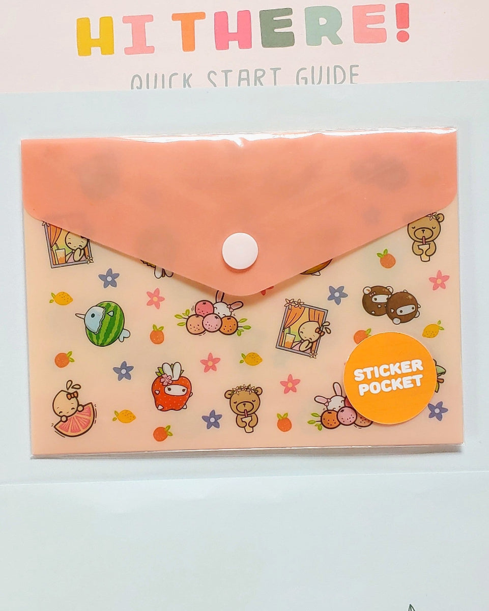 Coral and Peach Splash of Fruits Kawaii Sticker Storage Pocket w/Button Closure - 4.25" x 5.83"
