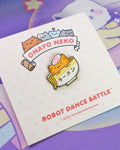 A kawaii orange cat sitting in a bowl of ramen noodles with an egg on it's head on an enamel pin. Designed by robot dance battle