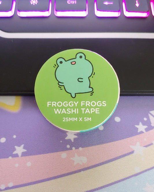 The front label to the Froggy Frogs Kawaii Paper Washi Tape features a green kawaii dancing frog on a green background