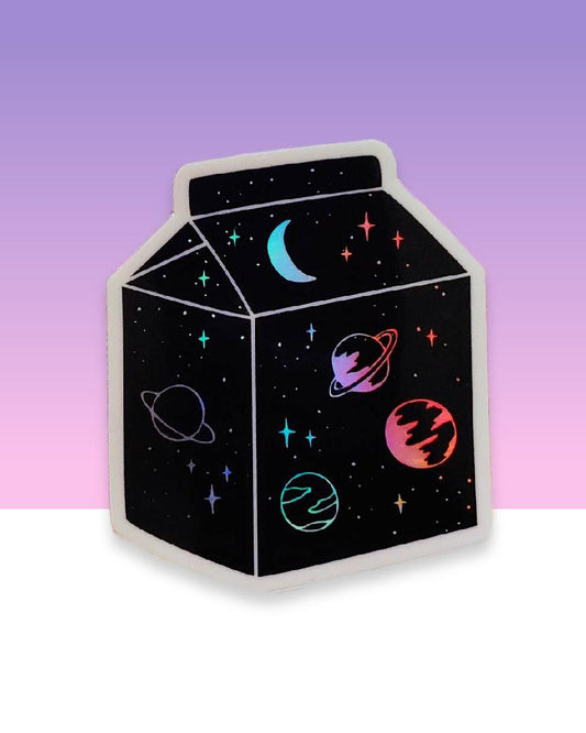 Galaktischer Weltraum Sterne &amp; Planeten Milchkarton schwarz &amp; holografischer 7,6 cm Vinyl-Aufkleber