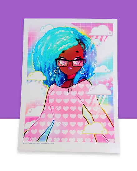 image of A vibrant kawaii manga portrait digital drawing art print of an african american black woman with black rectangular glasses & bright neon blue & dark blue ombre afro hair. She is wearing a pink shirt with light pastel hearts that's off the shoulder. She has heart shaped earrings. The background is a pink, blue, & purple sky w/white rain storm clouds outlined in yellow, pink, & blue. Each cloud has two stars. Stars on the right side and a grid.