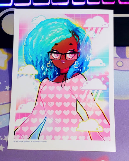 image of A vibrant kawaii manga portrait digital drawing art print of an african american black woman with black rectangular glasses & bright neon blue & dark blue ombre afro hair. She is wearing a pink shirt with light pastel hearts that's off the shoulder. She has heart shaped earrings. The background is a pink, blue, & purple sky w/white rain storm clouds outlined in yellow, pink, & blue. Each cloud has two stars. Stars on the right side and a grid.