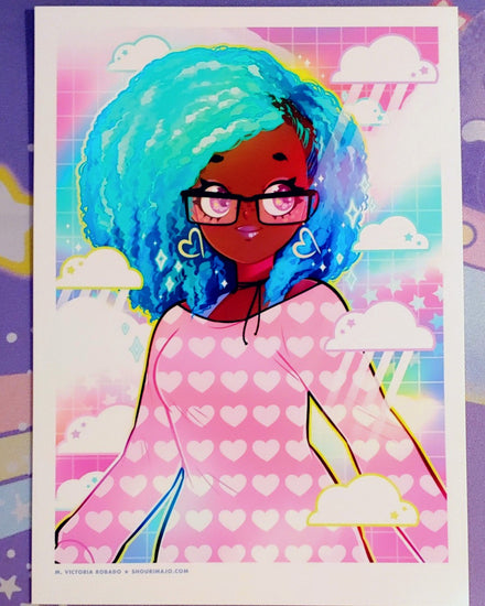 image of A vibrant kawaii manga portrait digital drawing art print of an african american black woman with black rectangular glasses & bright neon blue & dark blue ombre afro hair. She is wearing a pink shirt with light pastel hearts that's off the shoulder. She has heart shaped earrings. The background is a pink, blue, & purple sky w/white rain storm clouds outlined in yellow, pink, & blue. Each cloud has two stars. Stars on the right side and a grid.
