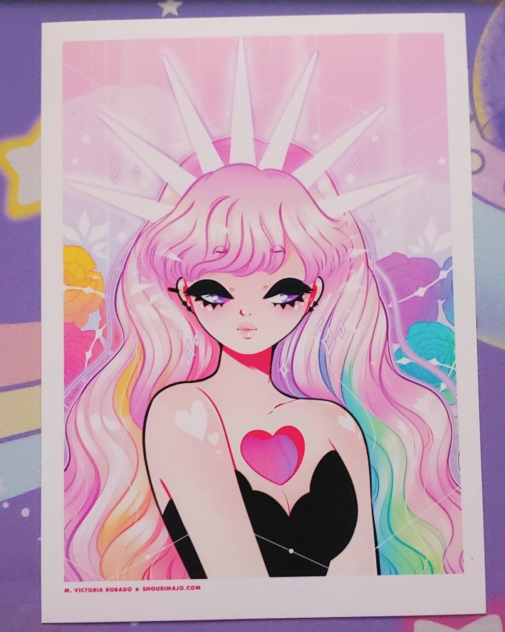 A pretty 20 something in a black tube top dress and a big hot pick heart on her chest.  Her hair is layer pink, yellow, green, and blue.  She is wearing a white crown and thick black eye makeup.  In the background their are pink, yellow, blue, and purple roses.  All printed on 5" by 7" premium luster paper.