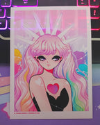 A pretty 20 something in a black tube top dress and a big hot pick heart on her chest.  Her hair is layer pink, yellow, green, and blue.  She is wearing a white crown and thick black eye makeup.  In the background their are pink, yellow, blue, and purple roses.  All printed on 5" by 7" premium luster paper.