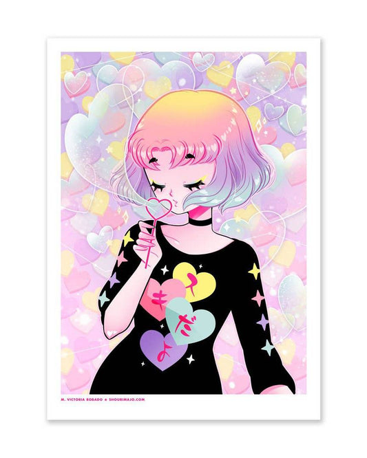 Pastellregenbogen Kawaii Manga "Suki Bubbles" Mini-Kunstdruck - 5 "x 7"