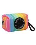 A SASSY WOOF Sassy Stripes pastel rainbow striped rectangular 3" pouch with black zipper and black clasp.  The rubber part where the waste bags come out in black and reads "SASSY WOOF" in white writing. 