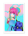 Neon Cotton Candy Pink &amp; Blue Polka Dot &amp; Hearts Kawaii Anime Girl "Gradients" Mini Art Print - 5"x7"