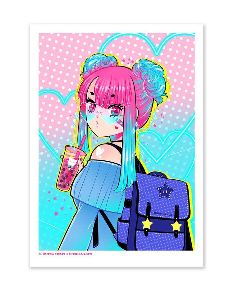 Neon Cotton Candy Pink & Blue Polka Dot & Hearts Kawaii Anime Girl "Gradients" Mini Art Print - 5"x7"