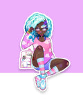 An african american girl with blue ombre hair, glasses, and purple eyes.  She has heart dangle earrings, and a pink cloud ombre long sleeve tshirt.  She has a pink and clear backpack with handheld gaming consoles inside.  She is also wearing light blue and pink striped socks and blue and pink cross traines.  She has three bracelets and her hand is by her head.  She is in a sitting position.  All of this kawaii manga digital art is printed on a broken glass holographic vinyl sticker with a white border.