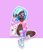 An african american girl with blue ombre hair, glasses, and purple eyes.  She has heart dangle earrings, and a pink cloud ombre long sleeve tshirt.  She has a pink and clear backpack with handheld gaming consoles inside.  She is also wearing light blue and pink striped socks and blue and pink cross traines.  She has three bracelets and her hand is by her head.  She is in a sitting position.  All of this kawaii manga digital art is printed on a broken glass holographic vinyl sticker with a white border.