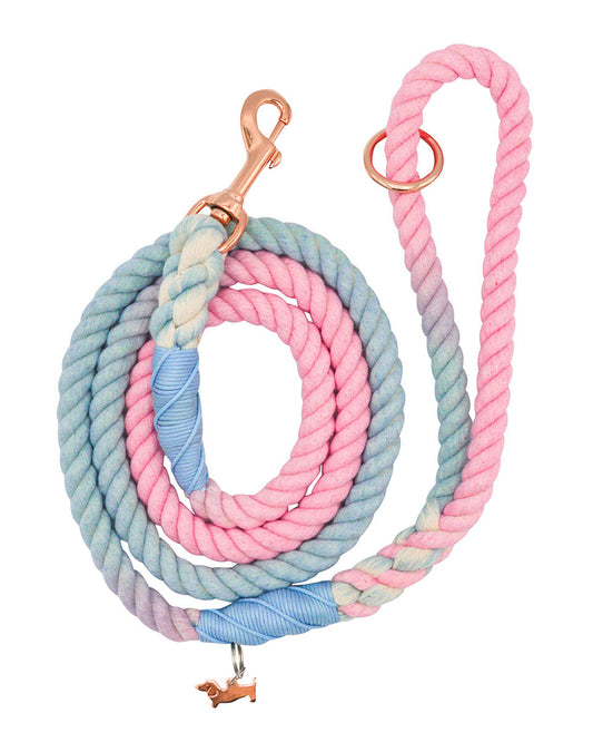 A pastel pink and blue ombre cotton rope leash with a blue ribbon wrap around each end.  One end ends with a gold clasp to attach to a collar and the other ends with a loop for the hand.  A rose gold toned ring is attached to the loop end and a weiner dog charm is attached to the blue ribbon on that end.