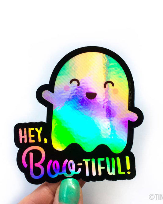Cute Holographic "You're Boo-tiful" Kawaii Smiling Ghost Vinyl Sticker