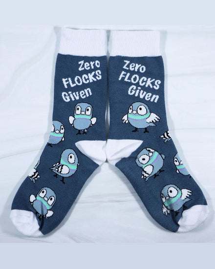 Navy and white chibi pigeon socks that read "zero flocks given." designed by small business emii creations