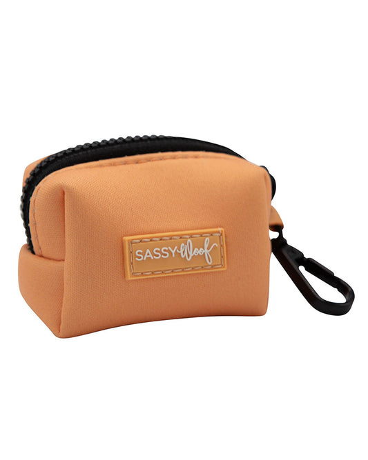 A SASSY WOOF Apple Cider orange rectangular 3" pouch with black zipper and black clasp. It has a sewn on emblem that reads "SASSY Woof" in white.