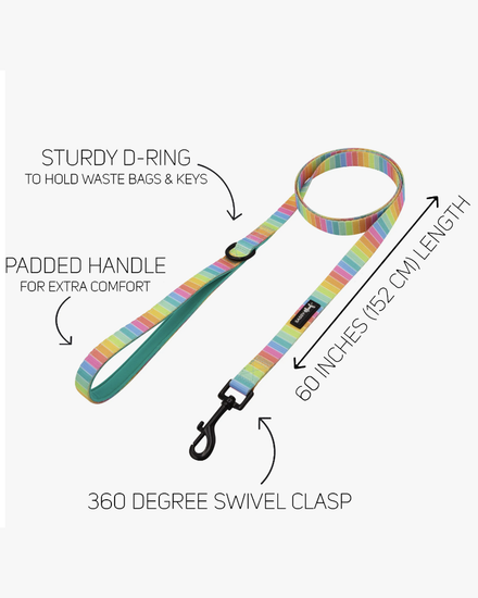 This graphic shows the SASSY WOOF Sassy Stripes pastel rainbow striped leash with black details and black clasp.  The hand loop is mint green on the opposite side.  An arrow points to the hand stating "Padded Handle for extra comfort", another arrow points to a black ring stating "Sturdy D-Ring to hold waste bags & keys", an arrow pointing to the black clasp reads "360 degree swivel clasp", and a double arrow sitting next t the length of the leash reads "60 inches (152cm) length.