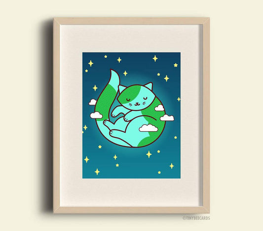 Earth Cat Art Print Planet Purrth