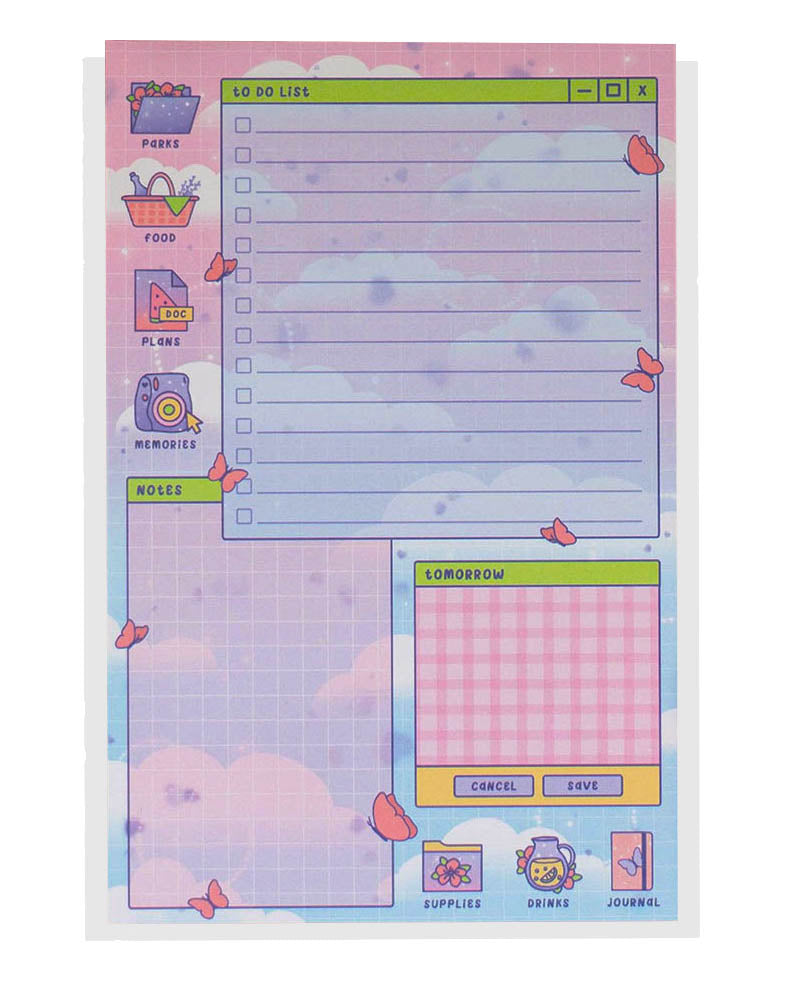 A pink, blue, purple, and green daily planner notepad with 50 non-sticky sheets featuring a windows desktop feel.  It's both a computer style layout and picnic at the park feel.  It has a file folder, picnic basket, planes file document, and camera on the left side.  There are areas for a to do list, your notes, and things for tomorrow.  At the bottom there is a folder that reads supplies, a pitcher that reads drinks, and a book that reads journal.