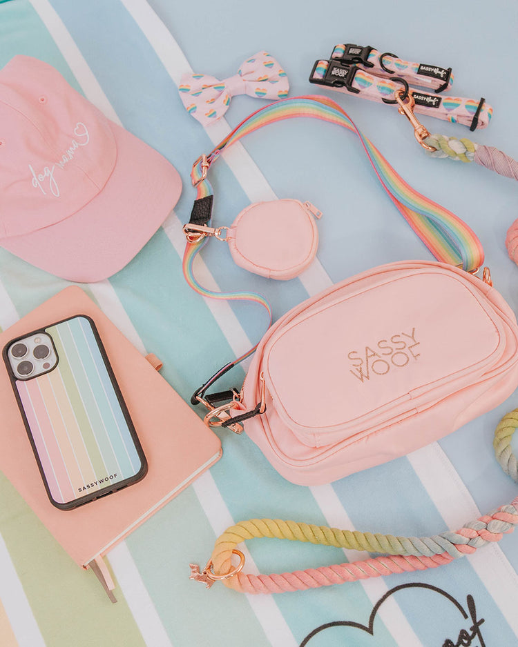 The build-your-own pastel pink crossbody bag pouch features a sassy woof pastel rainbow strap with gold-toned clasps, and a pastel pink treat pouch. The item is on a flat rainbow surface surrounded by lifestyle items such as a journal, cellphone, pastel pink hat, rainbow heart and pastel pink collar, and pastel rainbow ombre rope leash.