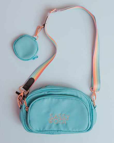 A blue crossbody bag pouch with two compartments has two gold-toned zippers and reads SASSY WOOF in gold embroidery. Attached is a rainbow strap in the style Sassy Stripes, and a blue circular 3.45" treat pouch.
