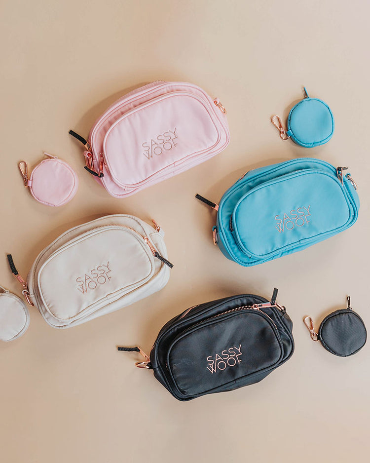 Four crossbody bag pouches in the shades: pastel pink, blue, ream, and black. All feature double compartments, with gold toned zippers, black weaved zipper tags, and SASSY WOOF embroidered in gold thread.