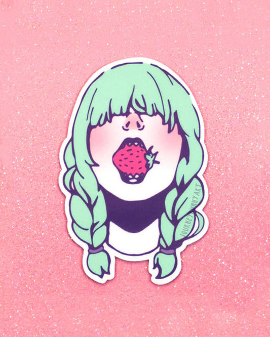 Pink & Green Strawberry Girl Waterproof & UV-proof Vinyl Sticker - 3"