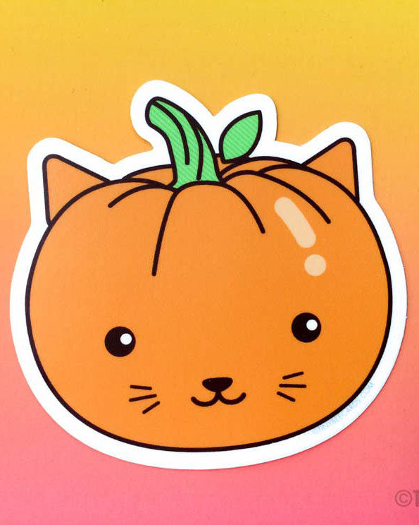 Orangefarbener Kawaii-Katzen-Kürbis-Matt-Vinyl-Aufkleber – 7,6 cm