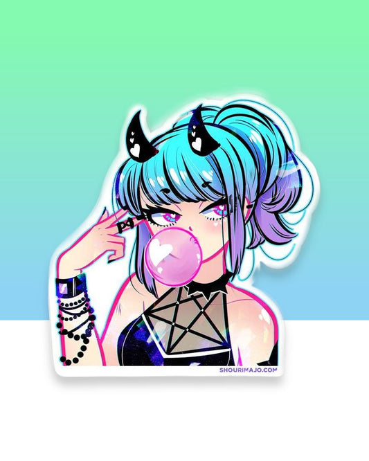 A hot cutie with blue and purple ombre hair, black horns with white hearts wearing black beaded bracelets and a black halter top with five point occult star straps at her chest.   She is pointing at her temple with two fingers and blowing a bubble with her bubble gum.  Her eyes are blue and pink. 