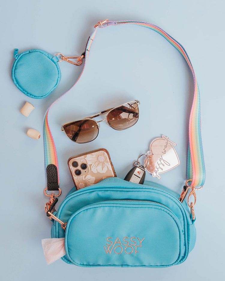 A build-your-own sassy woof example featuring a blue 2 compartment crossbody bag pouch with a sassy striped pastel rainbow strap and gold-toned clasp, attached near the top is a blue 3.45" (inches) circular treat pouch. The photo shows how the crossbody bag can be used like a purse as well as a waste bag holder.