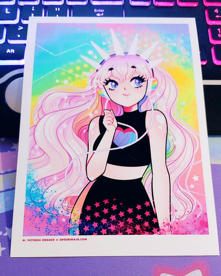 A girl with rainbow headphones and pink hair looks off to the side and has her hand up towards her face.  She is wearing a black cropped top with a heart and has purple eyes.  The background behind her is gradient rainbow.  She has a white crown on her head.  All of this digital art piece is printed on high quality photo paper.