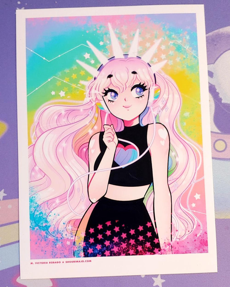 A girl with rainbow headphones and pink hair looks off to the side and has her hand up towards her face.  She is wearing a black cropped top with a heart and has purple eyes.  The background behind her is gradient rainbow.  She has a white crown on her head.  All of this digital art piece is printed on high quality photo paper.